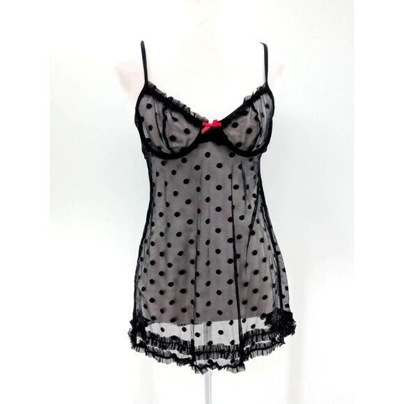 Black Pink Trim Bow Lace Stretchy Adjustable Nighty Pajamas Size Medium - Picture 1 of 6